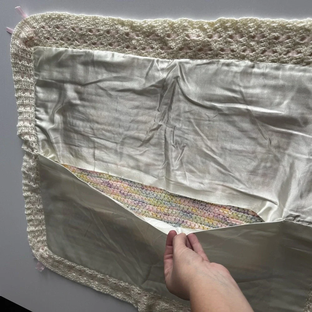 Vintage Cream Pastel Crochet Satin Weave Trim Baby Blanket Approx  25